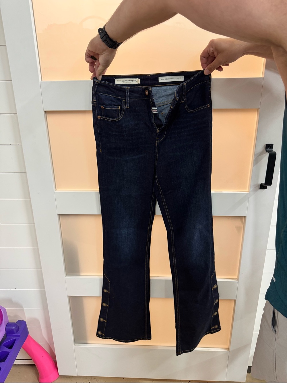 Pilcro and the Letterpress Dark Indigo Flare Jeans with Button Hem